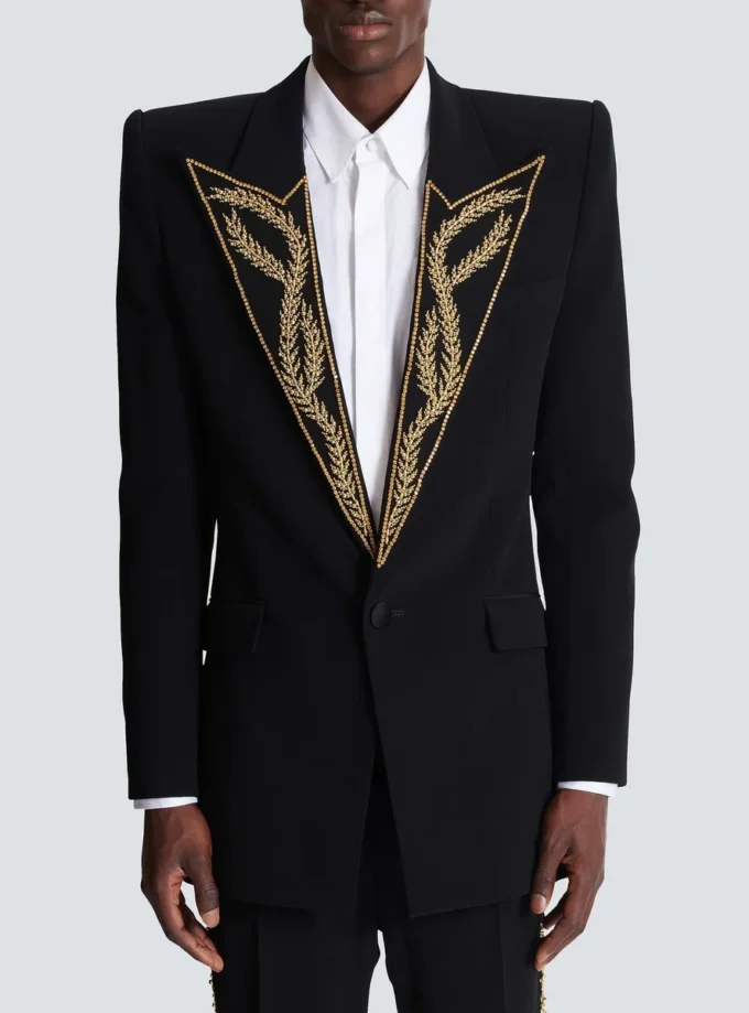 1-button jacket with embroidered collar 1-button jacket with embroidered collar