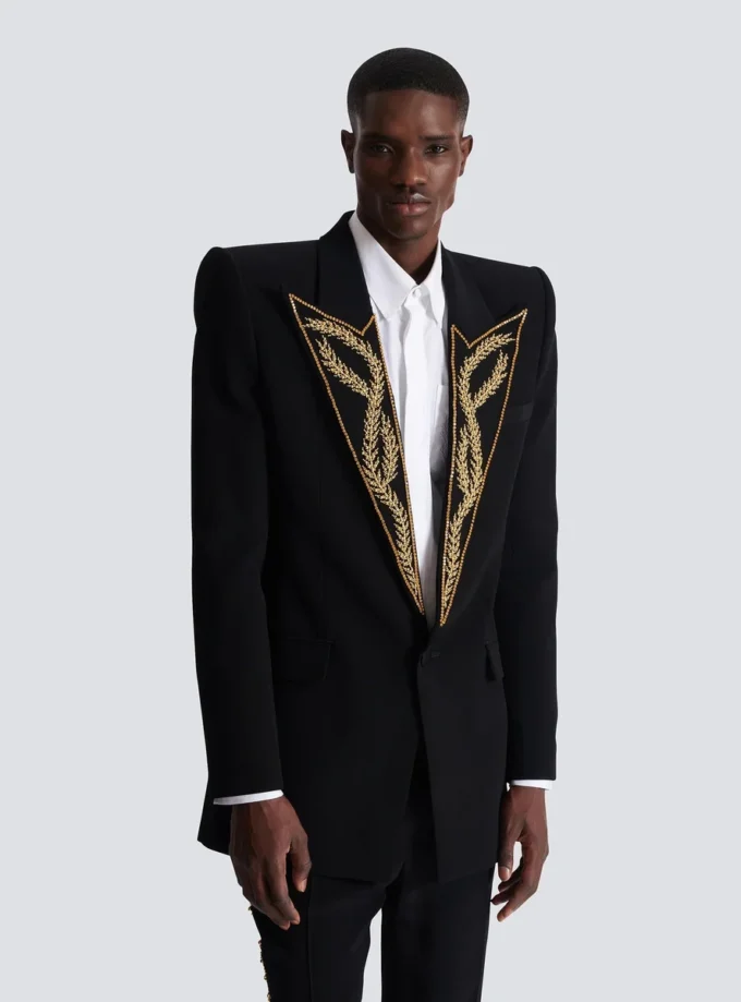 1-button jacket with embroidered collar 1-button jacket with embroidered collar