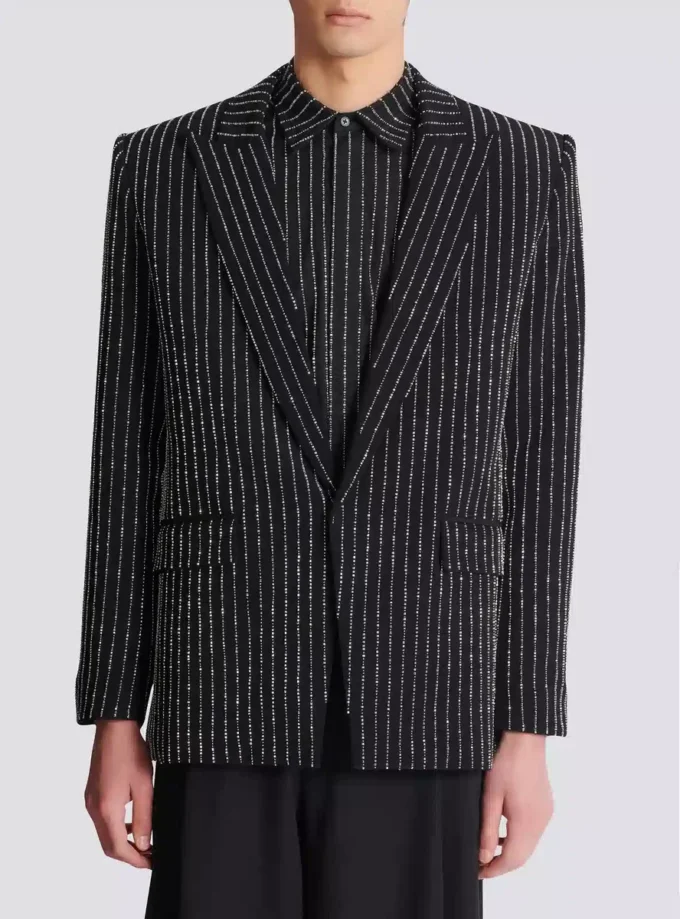 1-button wool jacket with crystal stripes 1-button wool jacket with crystal stripes