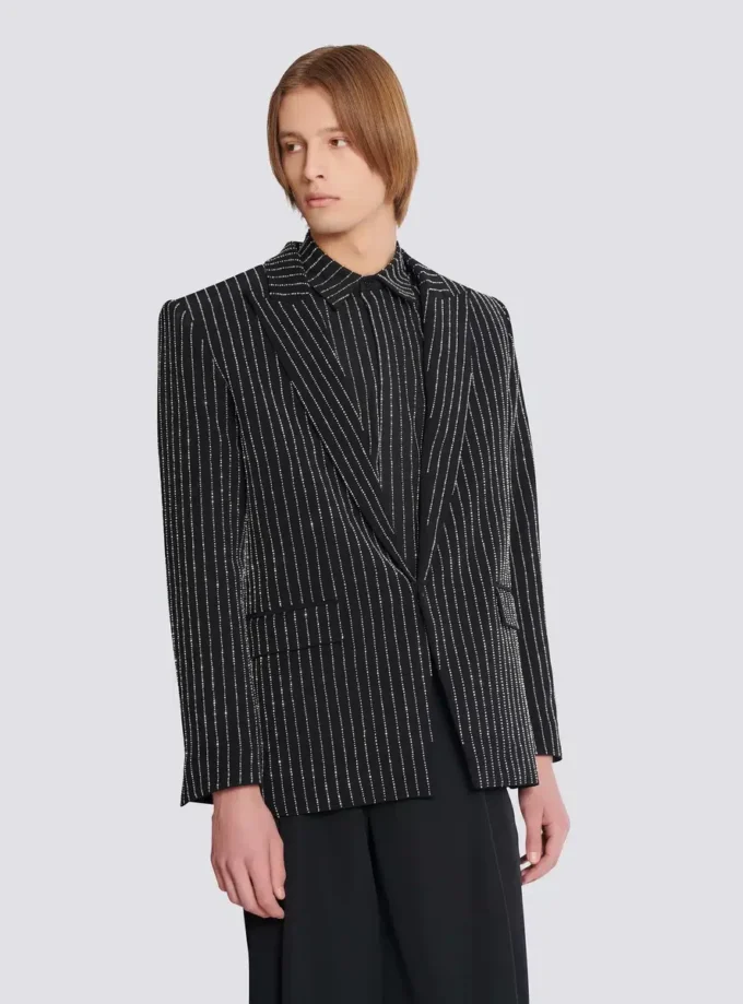 1-button wool jacket with crystal stripes 1-button wool jacket with crystal stripes