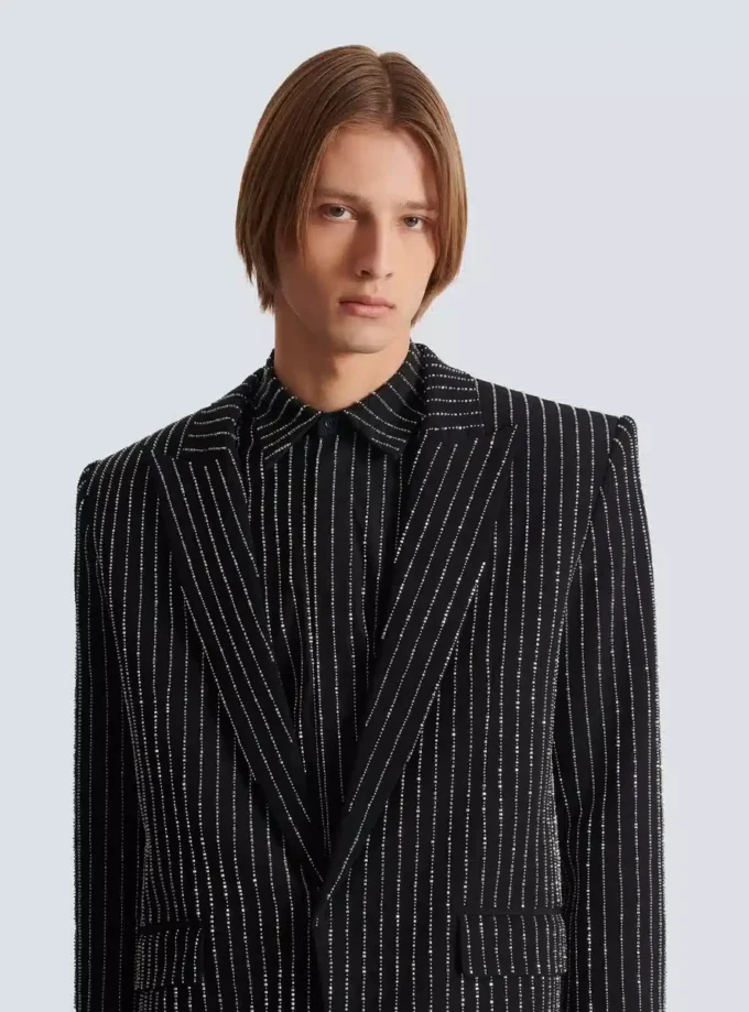 1-button wool jacket with crystal stripes 1-button wool jacket with crystal stripes