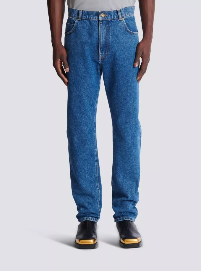 Blue denim straight-cut jeans