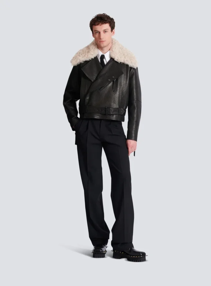 Leather jacket with shearling collar Leather jacket with shearling collar