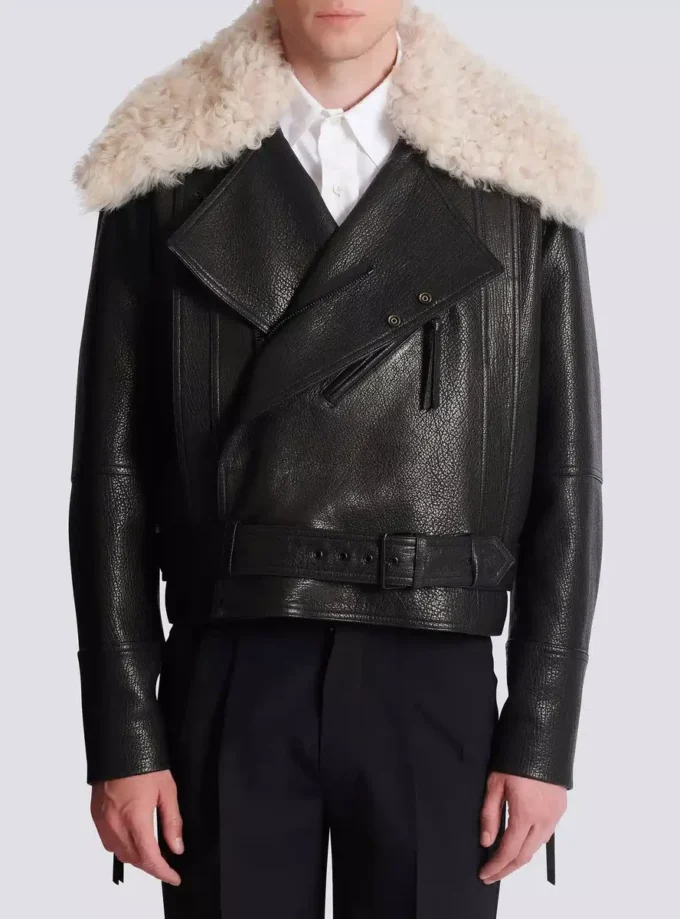 Leather jacket with shearling collar Leather jacket with shearling collar