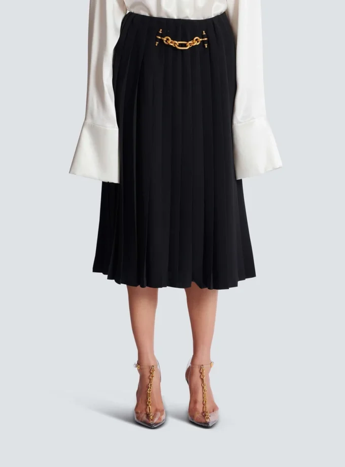Pleated silk midi skirt with embellished detail