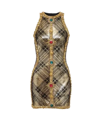 Short sleeveless dress with plaid embroidery Short sleeveless dress with plaid embroidery
