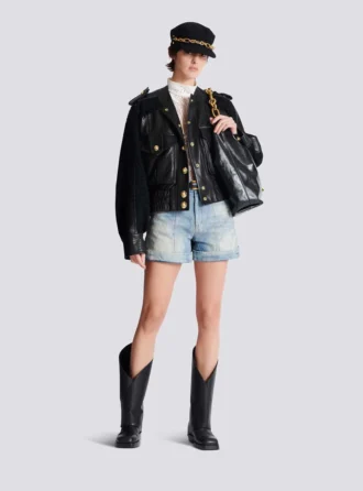 Tweed and leather bomber jacket