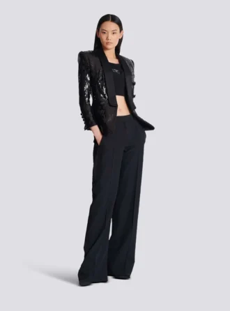 V-neck glitter satin tailored jacket