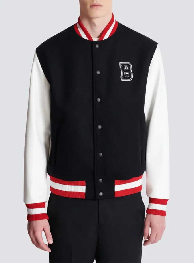 Varsity wool and faux leather jacket